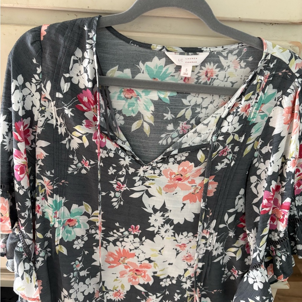 LC Lauren Conrad Pink and Orange Ruffled Blouse